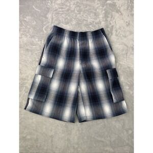 FB County Checker Shorts Mens Sz S Blue Plaid Cargo Drawstring Casual 90s New